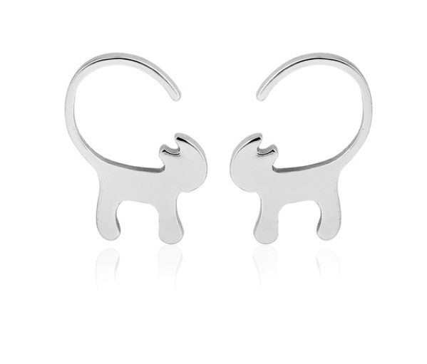 Minimalist Stud Cat Earrings Gold Silver Rose Gold & Gift Box - Silver
