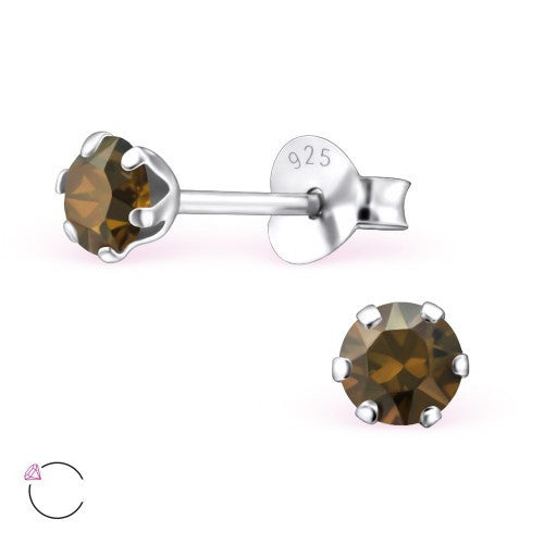 925 Sterling Silver Crystal 4mm Studs Earrings & Gift Bag 390 - Bronze Shade
