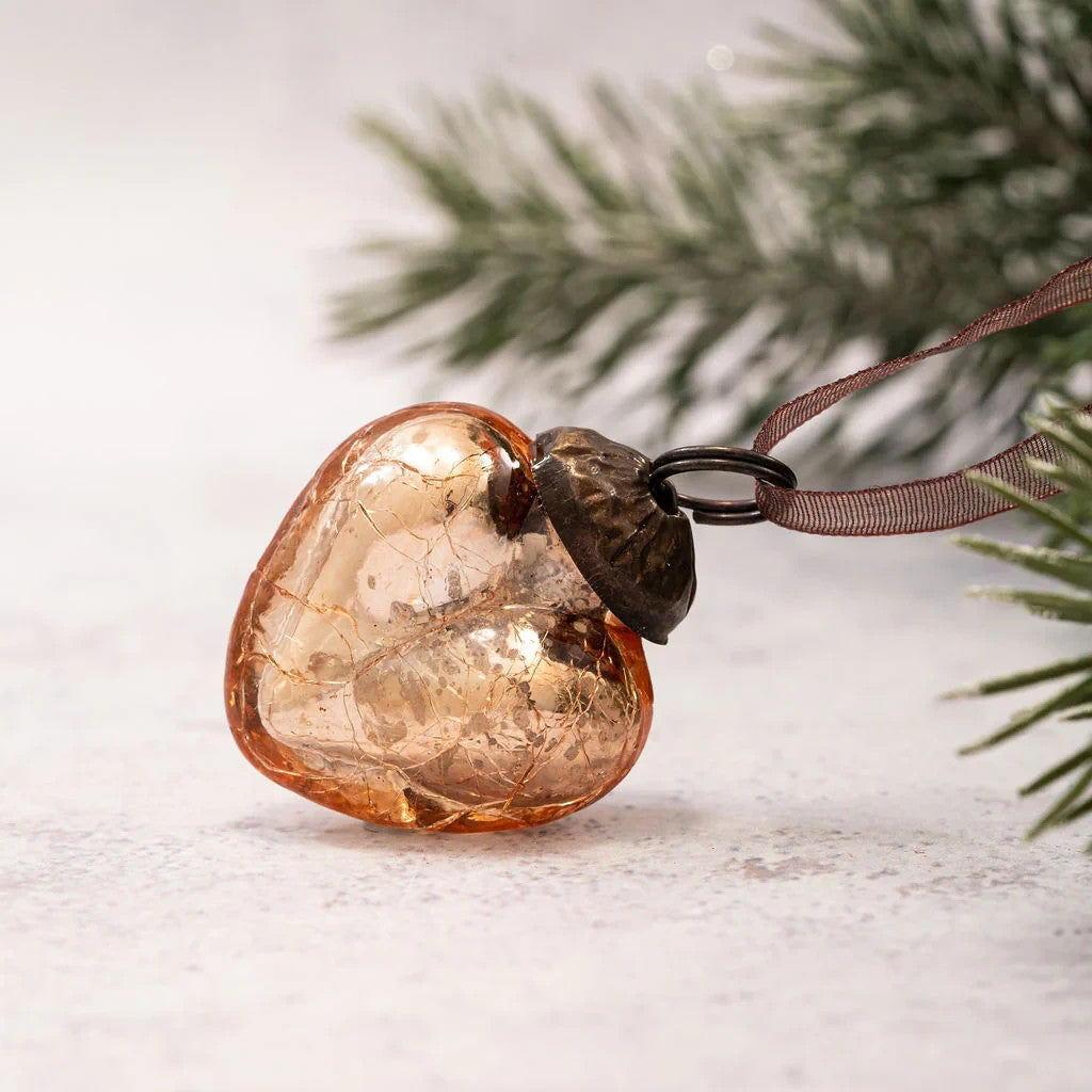 6 Pack Small Glass Handcrafted Baubles Premium Traditional Christmas Tree Craft - Set of 6 Rose Crackle Hearts