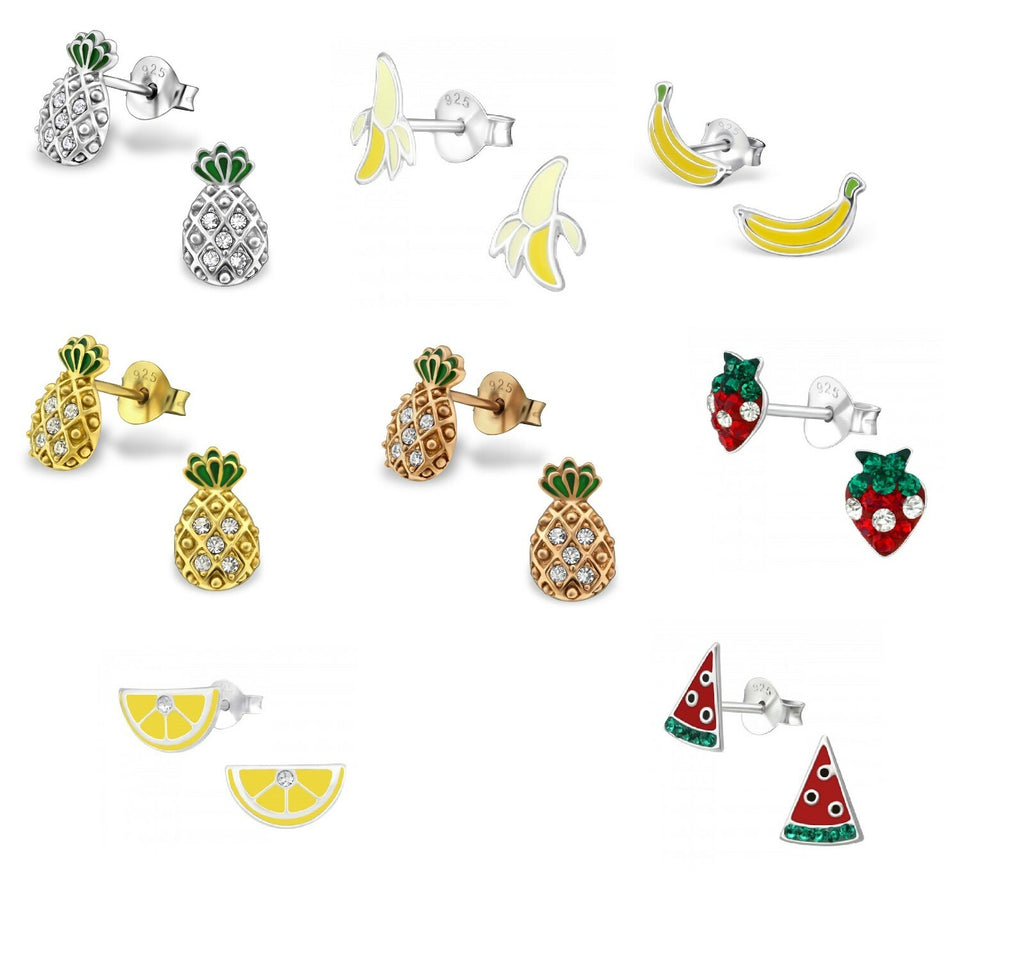 925 Sterling Silver Fruit Strawberry Banana Pineapple Stud Earrings & Gift Box