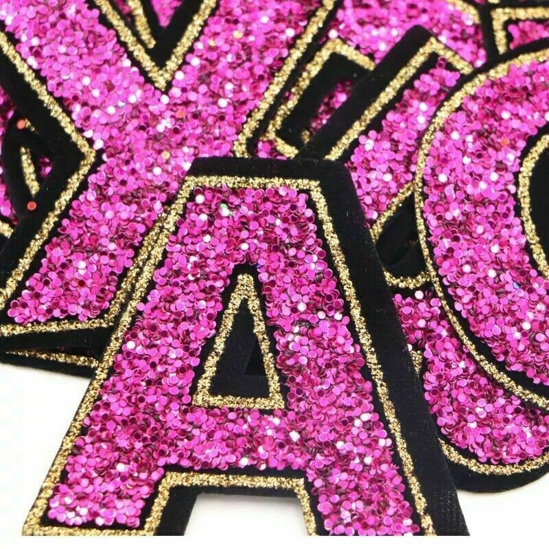 Large Pink Sequins Glitter Letter Patch Iron on Sew on Alphabet Customise 5.5cm