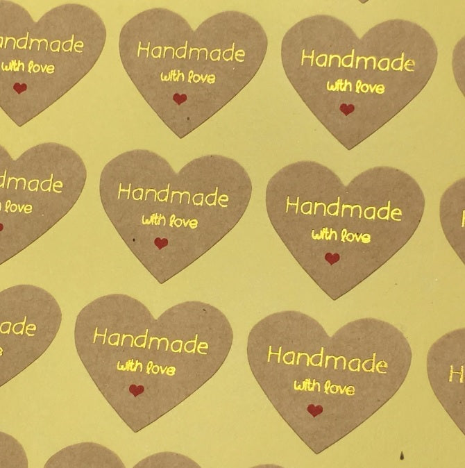 Handmade with Love Heart Gift Seal Craft Stickers Manilla with Gold Text