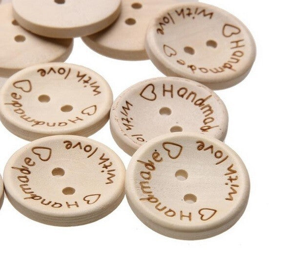 Handmade With Love Natural Wooden Round Buttons Hand Made 25mm / 2.5cm