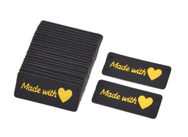 Faux Leather Labels Made with Love Sew On Garment Clothing Label Tags 5x2cm - Black Design 1