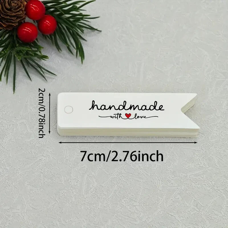 100 x Handmade with love tags 7x2cm White Hand Made tag