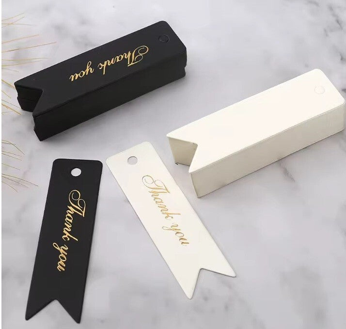 100 x Long Craft Paper Tags 'Thank You' Black or White Hand Made Gift Tag 7x2cm