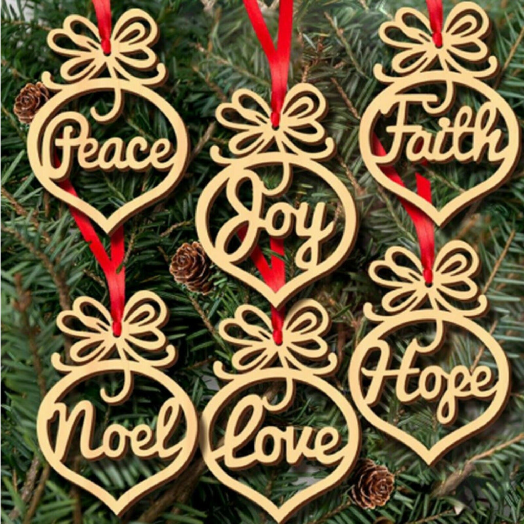Merry Christmas Decorations - Set of 6 Wooden Ornament with Red Ribbon for Tree