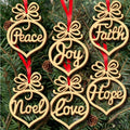 Merry Christmas Decorations - Set of 6 Wooden Ornament with Red Ribbon for Tree