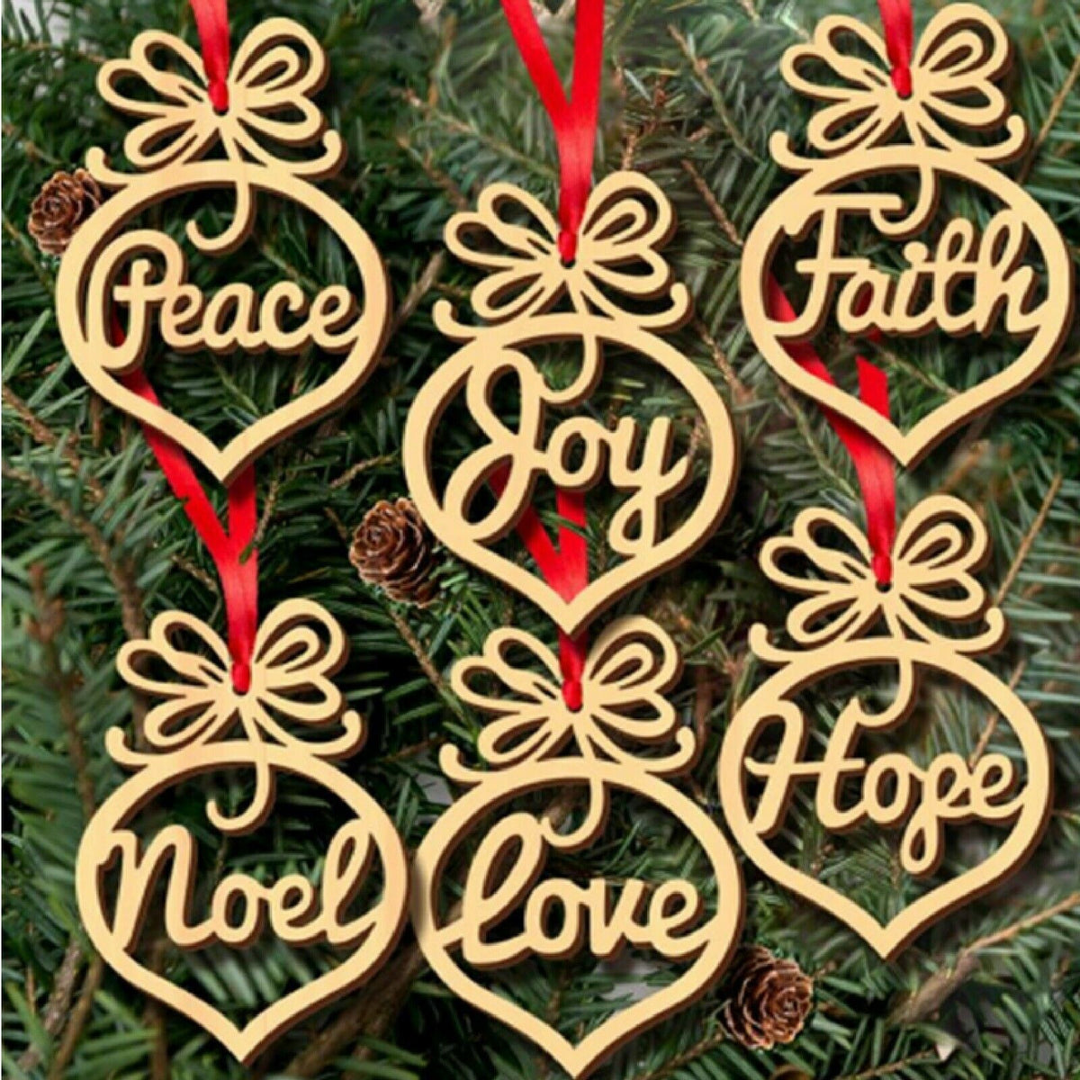 Merry Christmas Decorations - Set of 6 Wooden Ornament with Red Ribbon for Tree