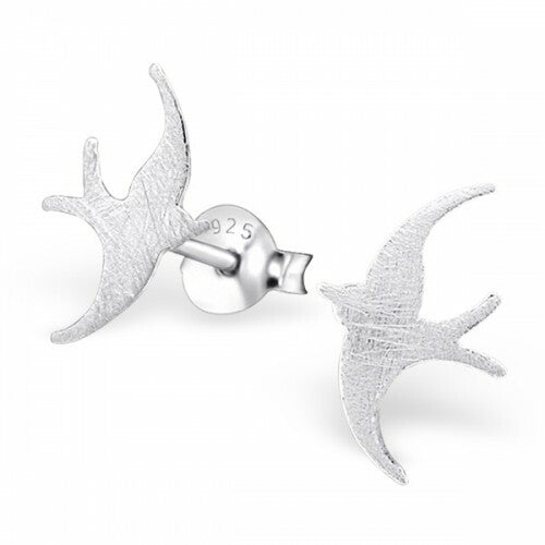 925 Sterling Silver Owl Bird Dove Swallow Flamingo Earrings & Gift Box - Swallow Silver Etched 9x12mm