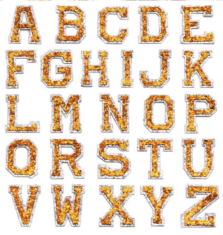 Orange & Silver Glitter Varsity Letter Patch Iron or Sew on Alphabet Patches