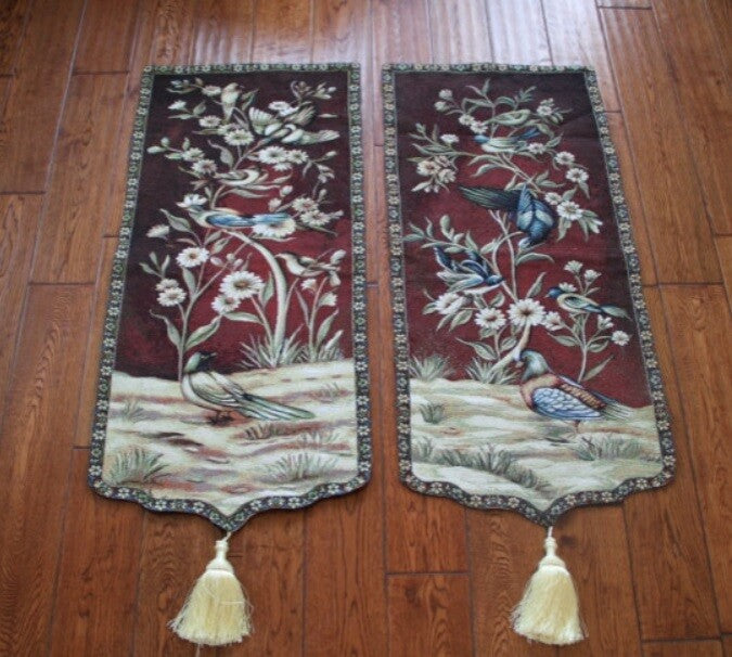 2 Set Tapestry Birds & Flowers Loom Woven Tapestry Rustic Victorian 46x95cm Each