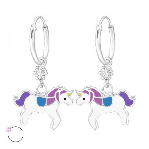 925 Sterling Silver Crystal Unicorn Hoop Earrings Purple & Blue & Gift Box #3