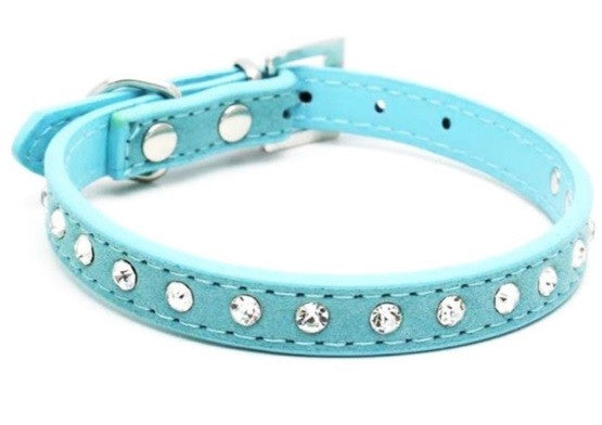 Suede Leather Dog Collar Diamante Puppy Bling Yorkie Teacup Chihuahua & Upwards - Duck Egg