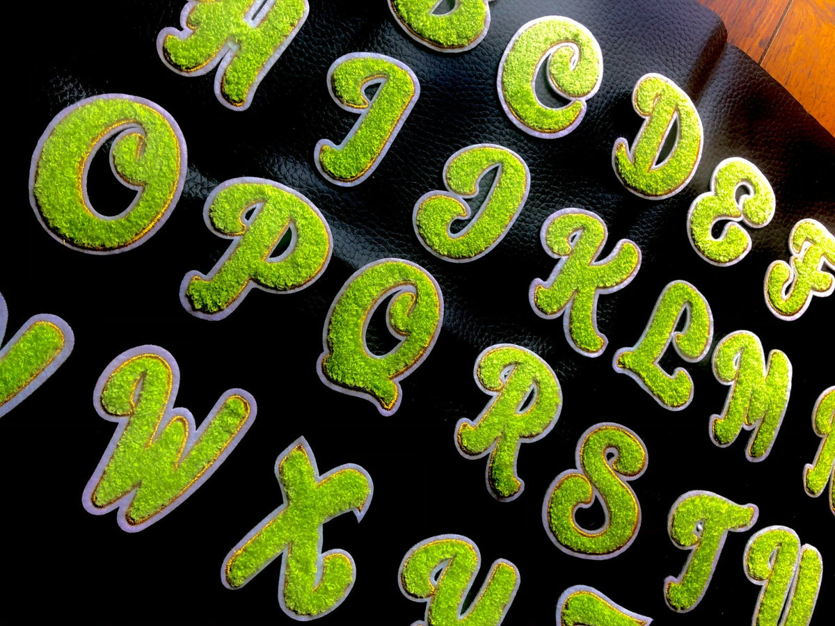 Lime Green Chenille Patch Letter Patches Iron on Sew on Alphabet Embroidered