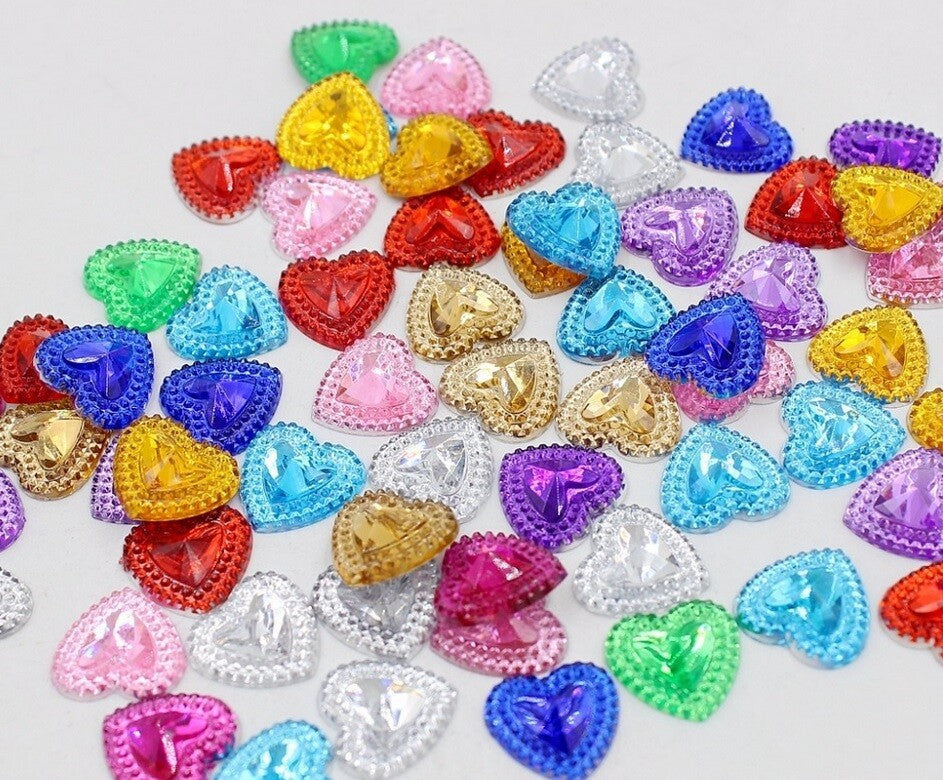 50 x Heart Flat Back Acrylic Crystal Rhinestone Embellishment 12mm Gem Cabochon