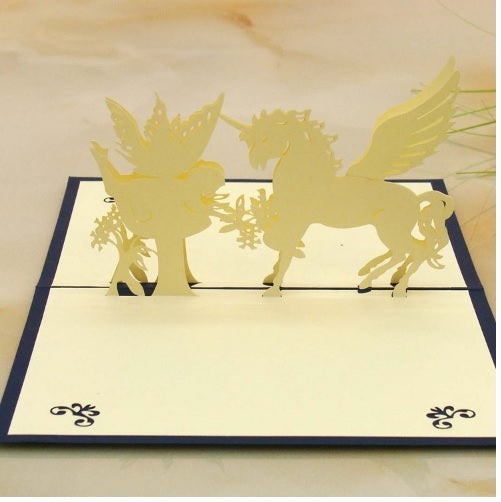 UNICORN & FAIRY 3D GREETING CARD BIRTHDAY POP UP HANDMADE KIRIGAMI - UNIQUE