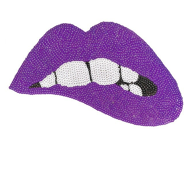 Large Rose Gold Silver Pink Lips Mouth Pop Art Lip Sequin Iron on Sew on Patch - Purple - Iron On