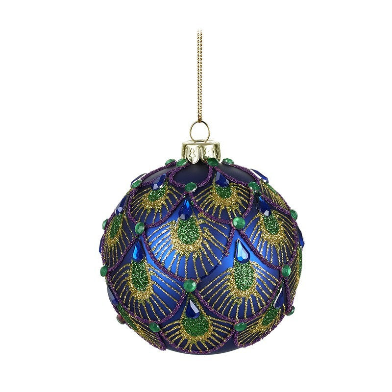 Glass Handcrafted Blue Red Peacock Pattern Baubles Christmas Tree Decoration - 1 Glass Dark Blue Peacock Pattern Bauble