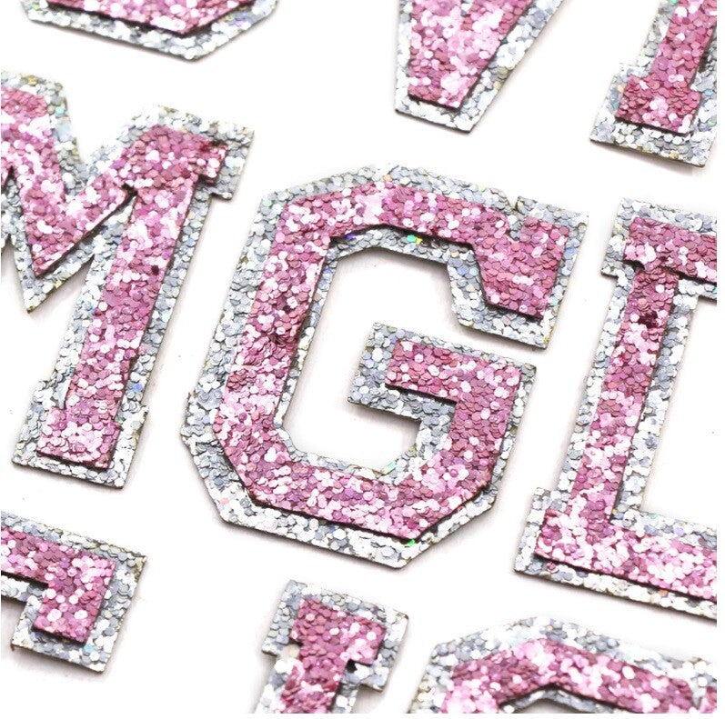 Pink & Silver Glitter Varsity Letter Patch Iron or Sew on Alphabet Patches