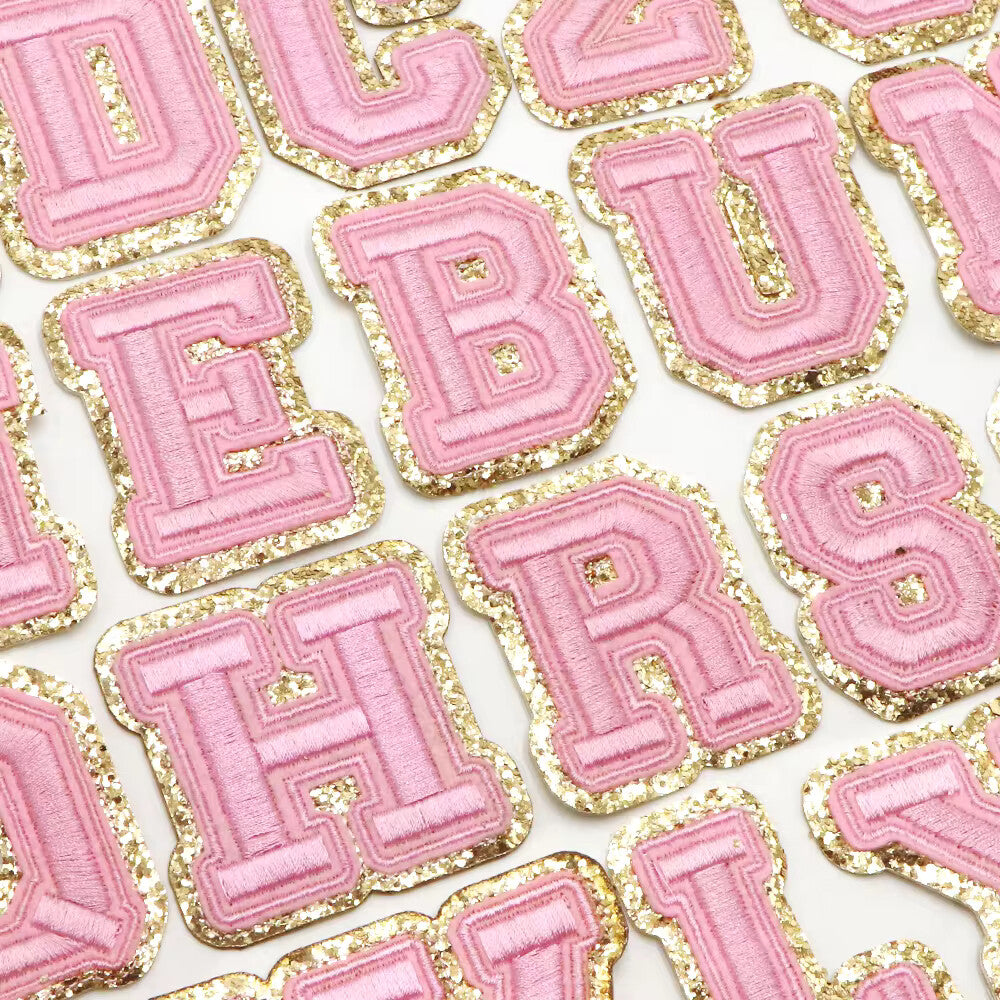 3D Gold & Coloured Patch Embroidered Letter Patches Iron on Alphabet 6cm - Pink with gold outline