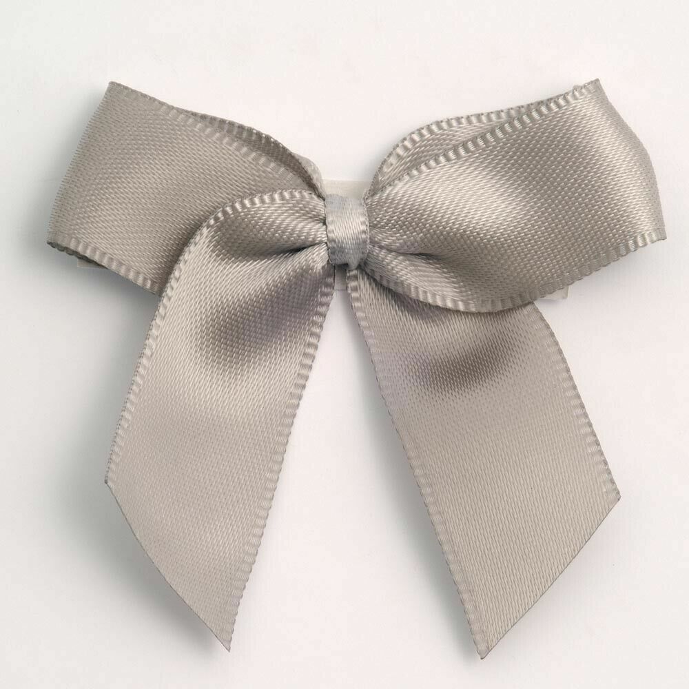 Self Adhesive 5cm Bow Satin Bows Sticky Pre-Tied 16mm Ribbon Craft Wedding - Silver