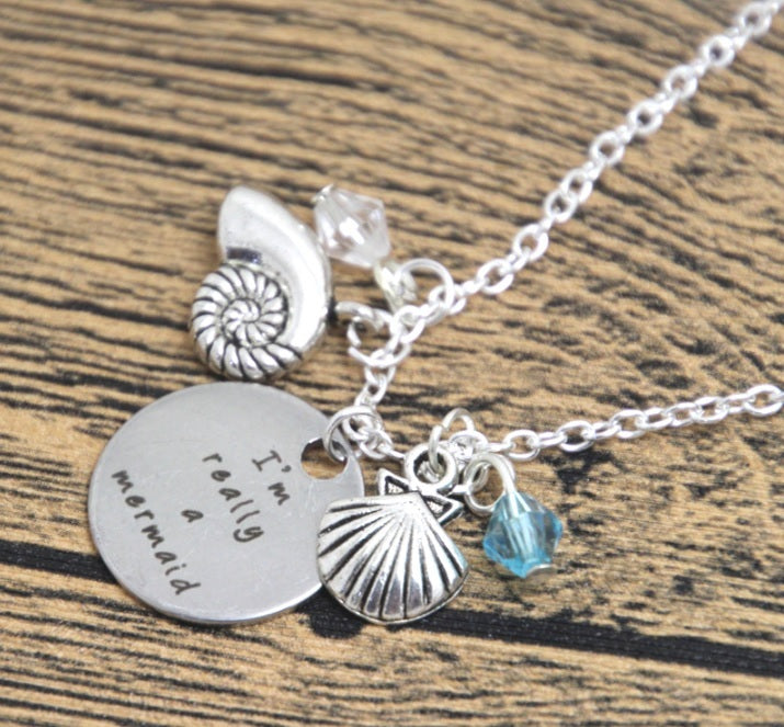 'IM REALLY A MERMAID' CHARM ENGRAVED NECKLACE SEA OCEAN BEACH NECKLACE 18"
