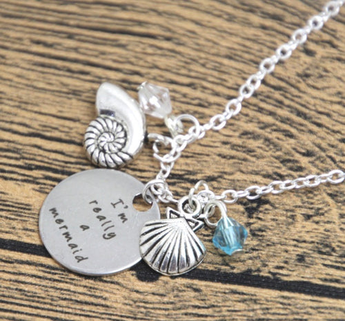 'IM REALLY A MERMAID' CHARM ENGRAVED NECKLACE SEA OCEAN BEACH NECKLACE 18"