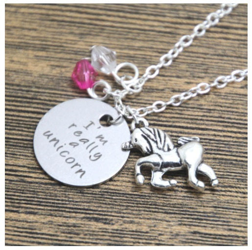 'IM REALLY A UNICORN' CHARM ENGRAVED NECKLACE HORSE UNICORN PONY NECKLACE 18"