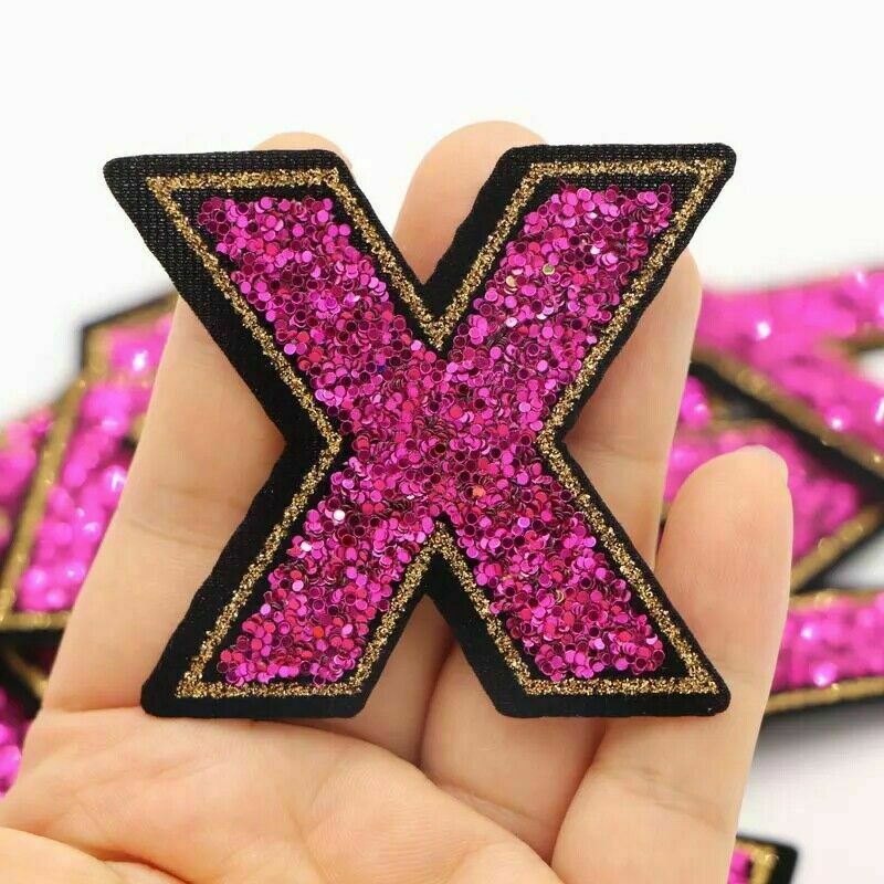 Large Pink Sequins Glitter Letter Patch Iron on Sew on Alphabet Customise 5.5cm