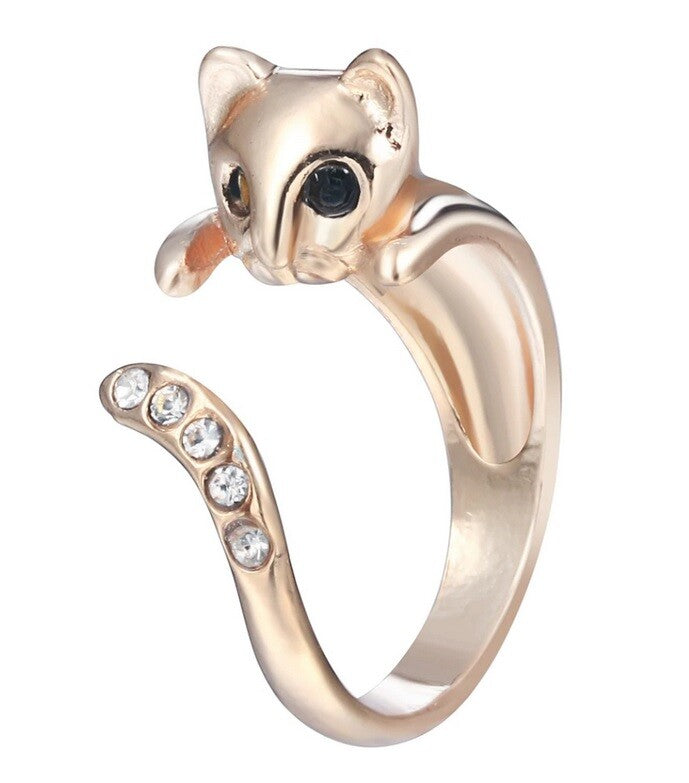 Cat Feline Crystal Wrap Ring Open Adjustable Curve Wrap Ring & Gift Bag - Gold