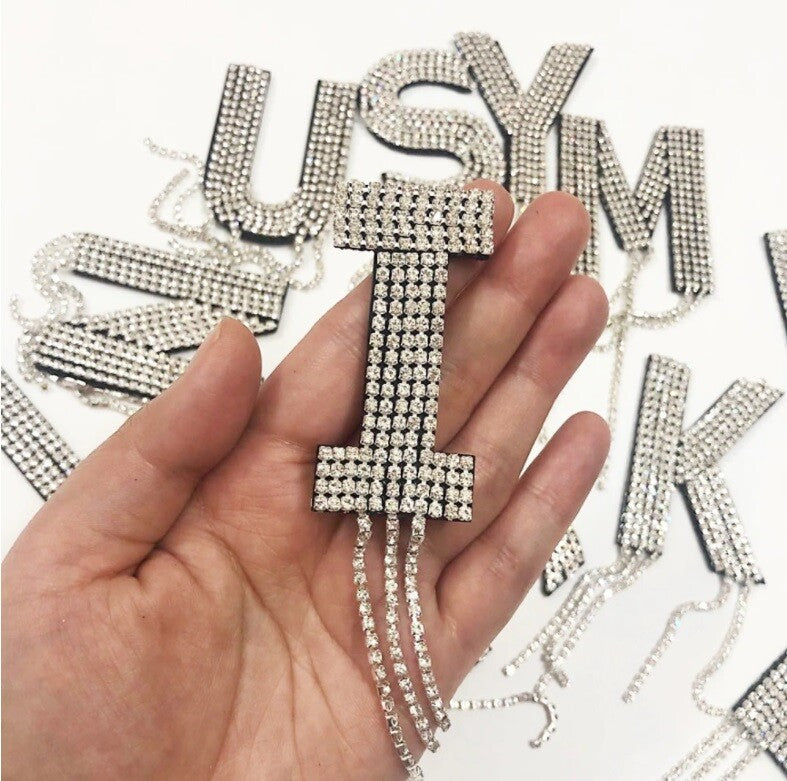 Large 3D Silver Rhinestone Letter Patch Patches Iron or Sew on Alphabet Letters