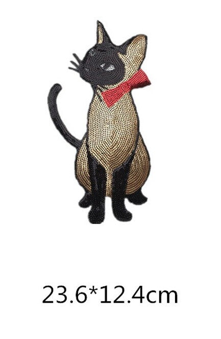 Large Sew or Iron On Sequins Applique Siamese Cat Patch Sparkly Customise Craft - Gold Cat Small