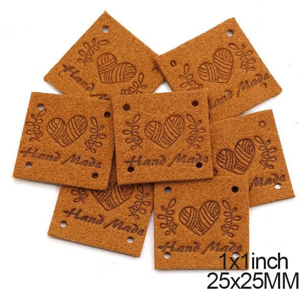 Faux Suede Square Labels Hand Made Heart Clothing Tag Label Tags 25x25mm - Design 4