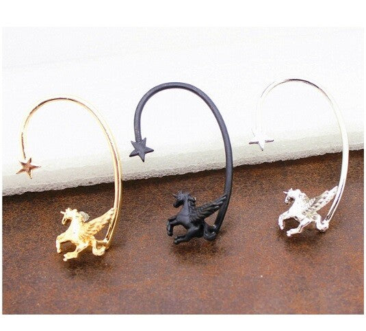 3D Flying Horse Pegasus Wing Unicorn Star Ear Cuff Stud Wrap Earring Kawaii