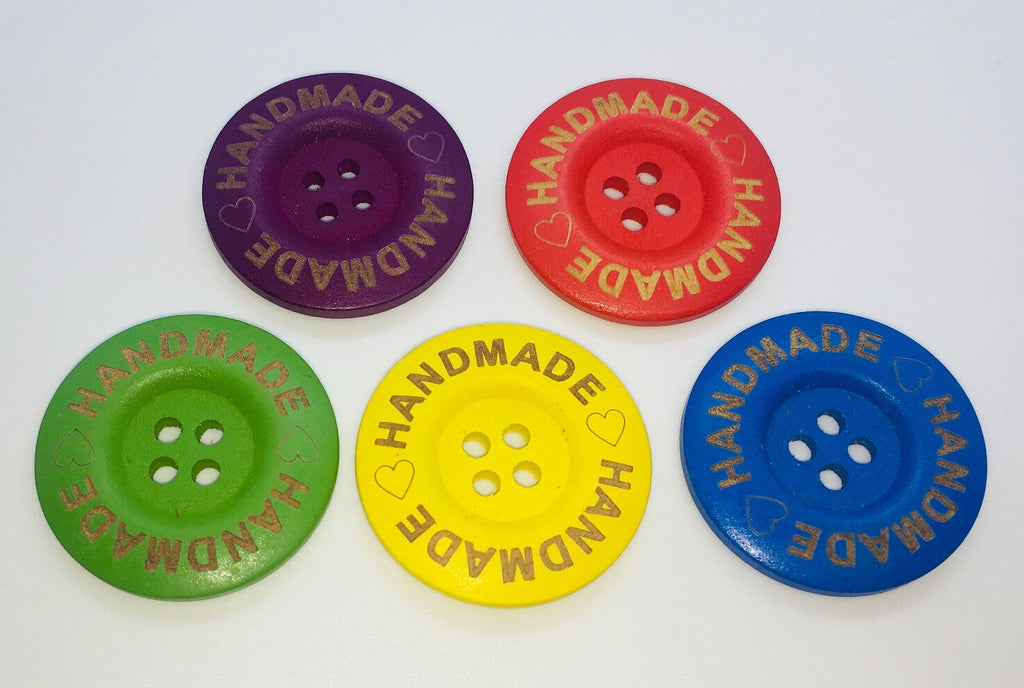Handmade Heart Coloured Wooden Round Buttons - 4 Holes 35mm Sewing Craft Gift