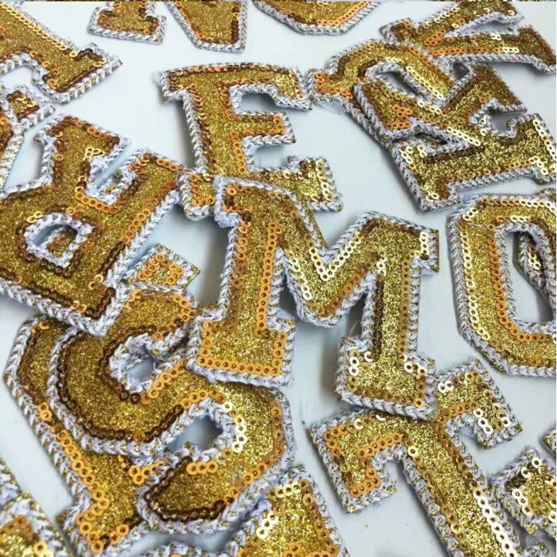 Sequins Letter Patch Patches Glue Sew on Alphabet Pink Black Silver Gold Sparkle - Gold