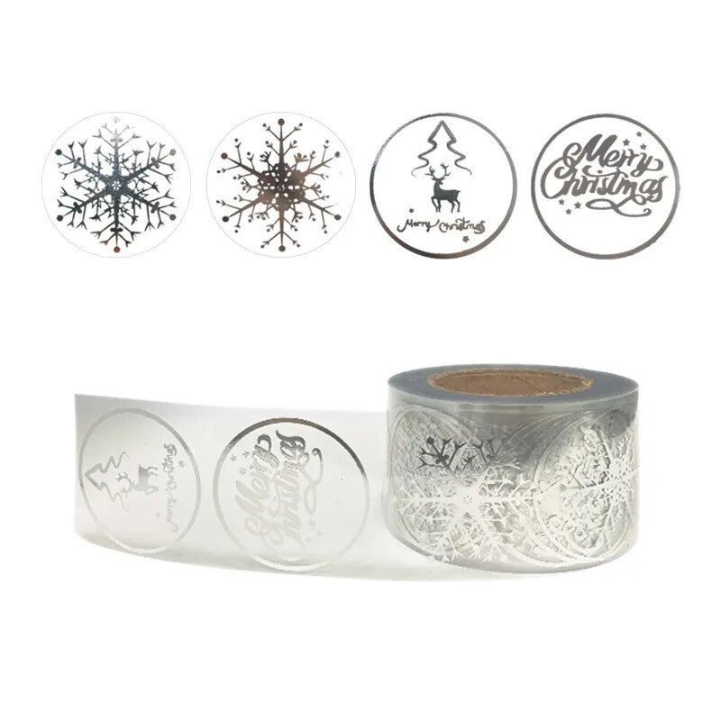 Merry Christmas Happy Xmas Transparent Silver Labels Stickers Gift Sticker 2.5cm