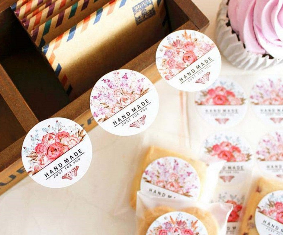 Round Paper Labels Hand Made Pink Flower Butterfly Kraft Paper Craft Sticker 3cm