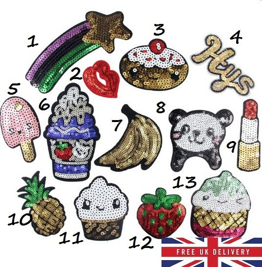Iron on or Sew On Patch Sequin Trimmings Applique Kawaii Fruit Animal Sparkly