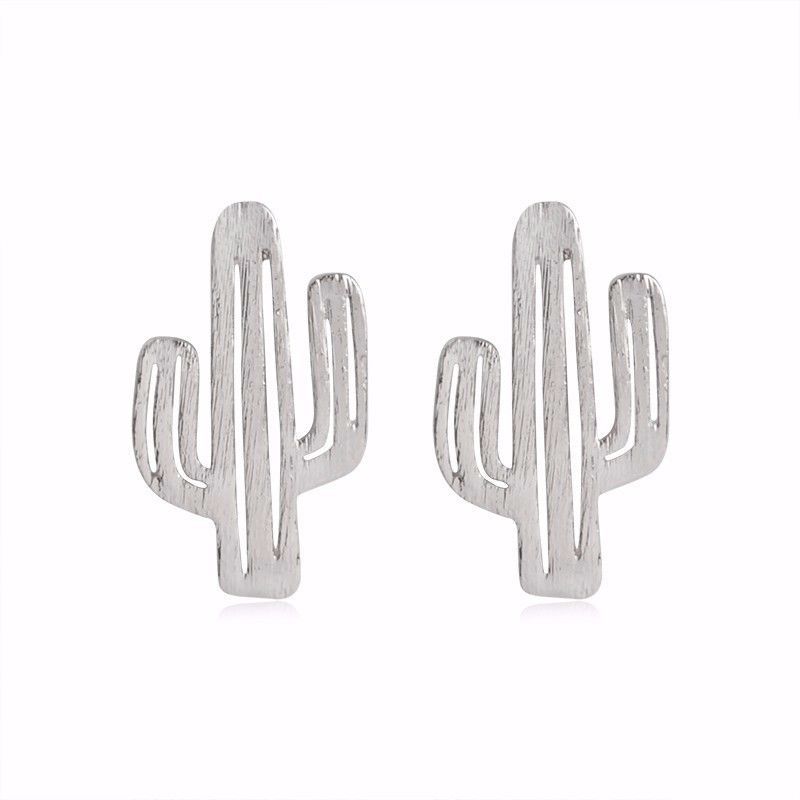 Cactus Plant Minimalist Earrings Stud Silver Gold Rose Statement Jewellery - Silver