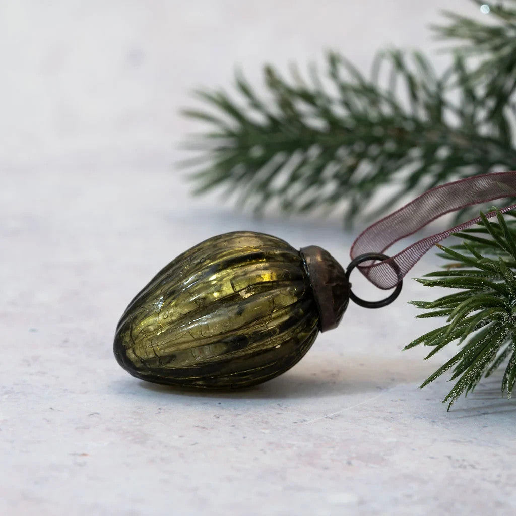 6 Pack Small Glass Handcrafted Baubles Premium Traditional Christmas Tree Craft - 6 Olive Pinecones