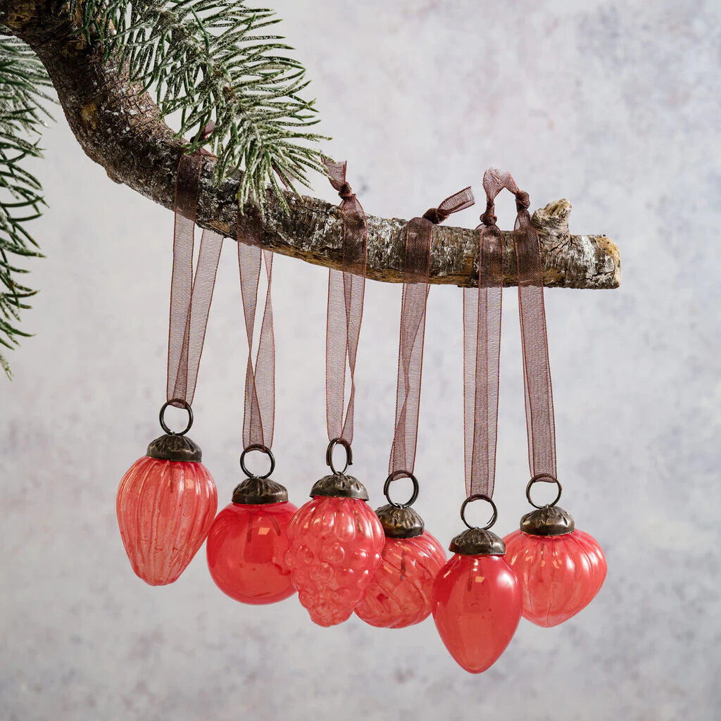 6 Pack Small Glass Handcrafted Baubles Premium Traditional Christmas Tree Craft - Set of 6 Small Mixed design Peach Lustre Baubles