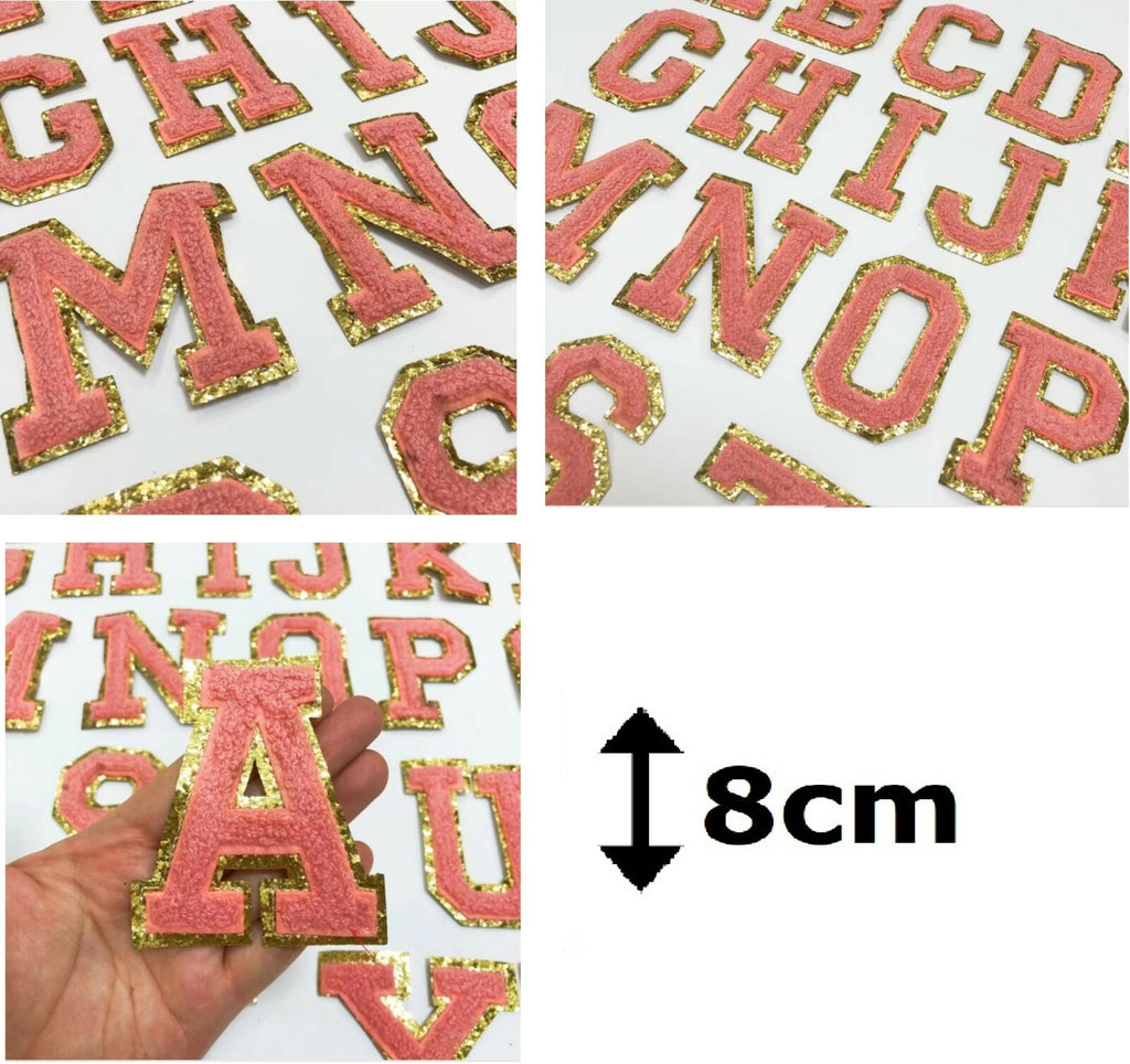 Large Peach & Gold Chenille Patch Letter Patches Iron Sew on Alphabet Embroidery