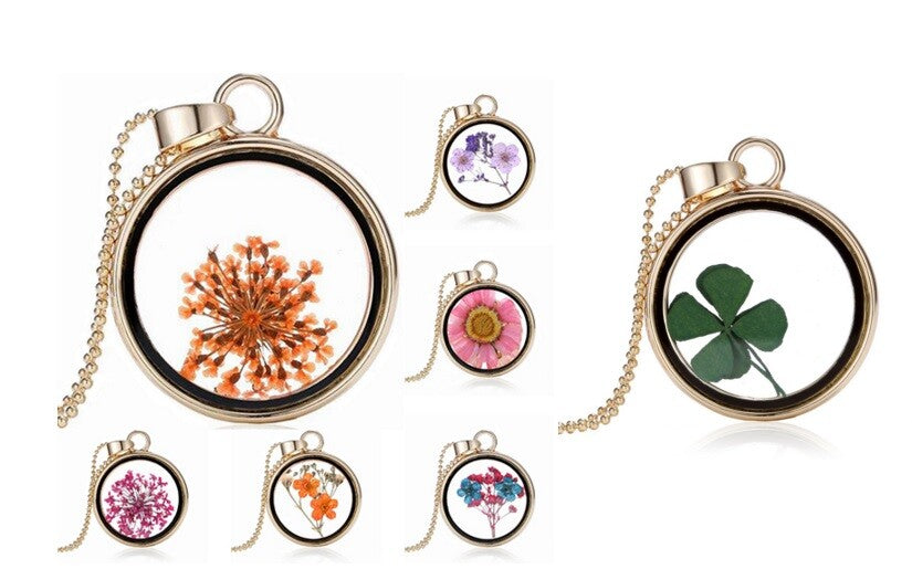 Dried Flower Round Locket Pendant Gold Plated Glass Charm Chain Necklace Botanic