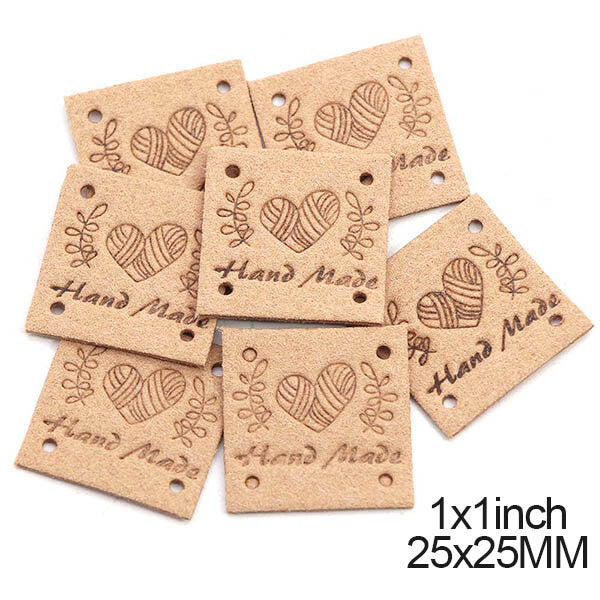 Faux Suede Square Labels Hand Made Heart Clothing Tag Label Tags 25x25mm - Design 8