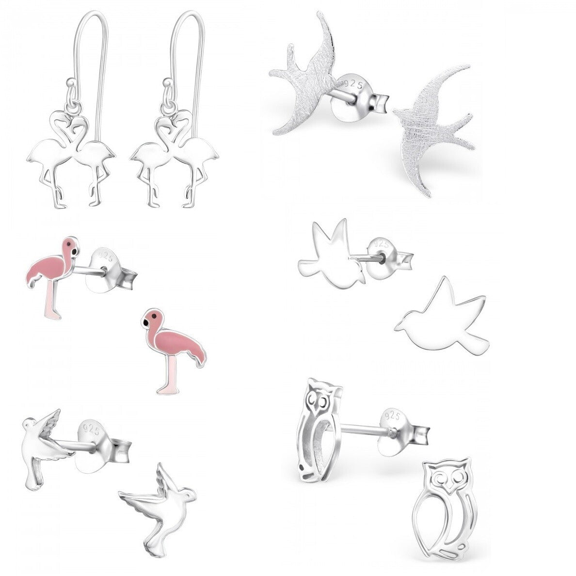 925 Sterling Silver Owl Bird Dove Swallow Flamingo Earrings & Gift Box