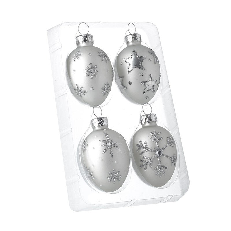 Glass Handcrafted Baubles Premium Traditional Christmas Tree Decoration - 4 Pack Silver Glitter Baubles
