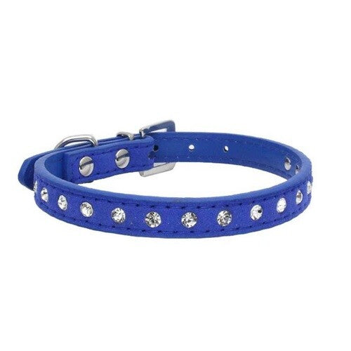 Suede Leather Dog Collar Diamante Puppy Bling Yorkie Teacup Chihuahua & Upwards - Blue