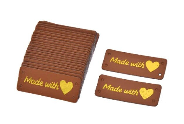 Faux Leather Labels Made with Love Sew On Garment Clothing Label Tags 5x2cm - Brown Design 1